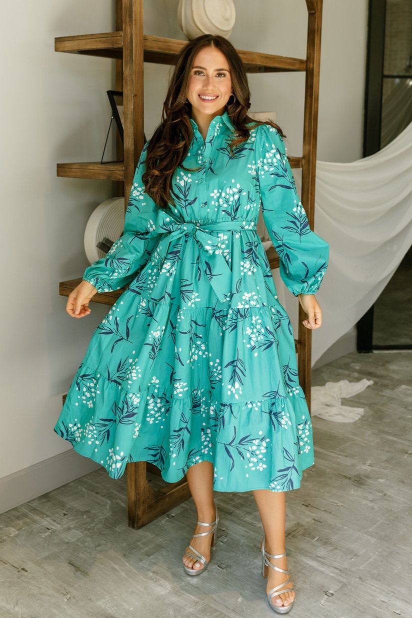 Melinda Teal Floral Midi Dress - full body front view