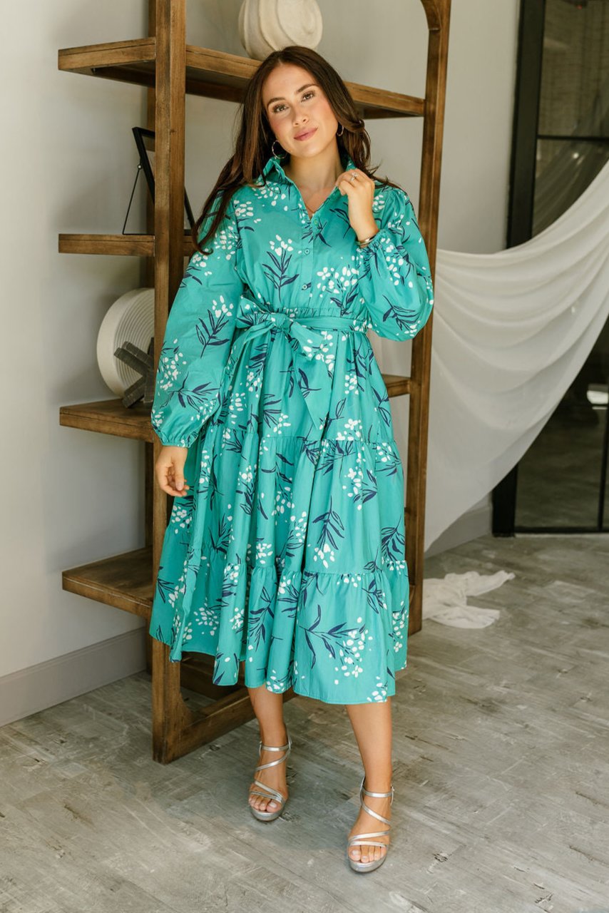 Melinda Teal Floral Midi Dress - full body front view