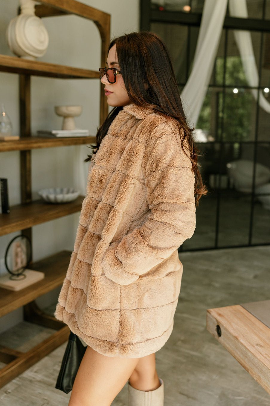 Avani Camel Faux Fur Jacket - side view