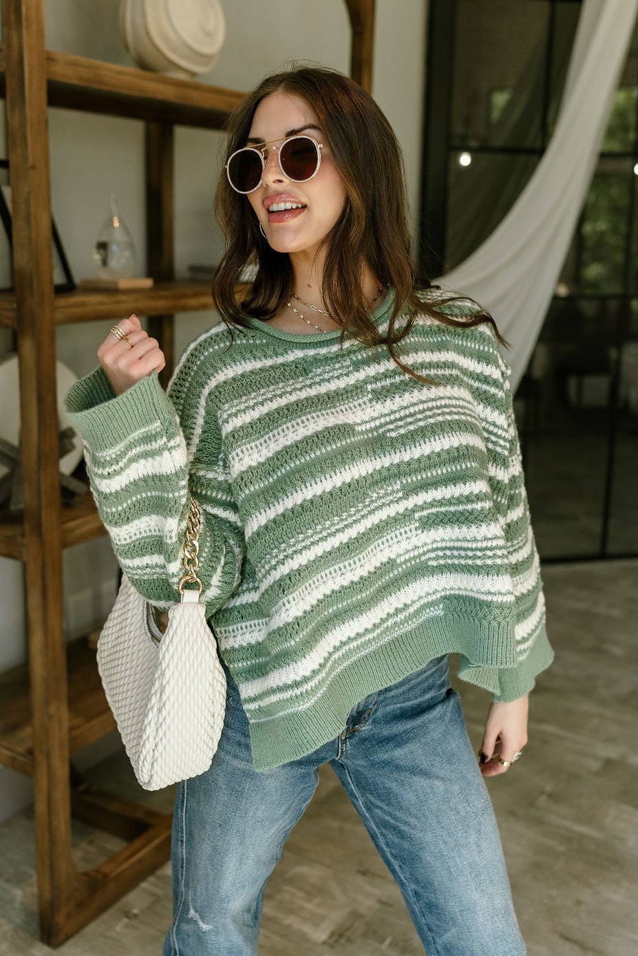 Maddie Green & White Striped Sweater - front view