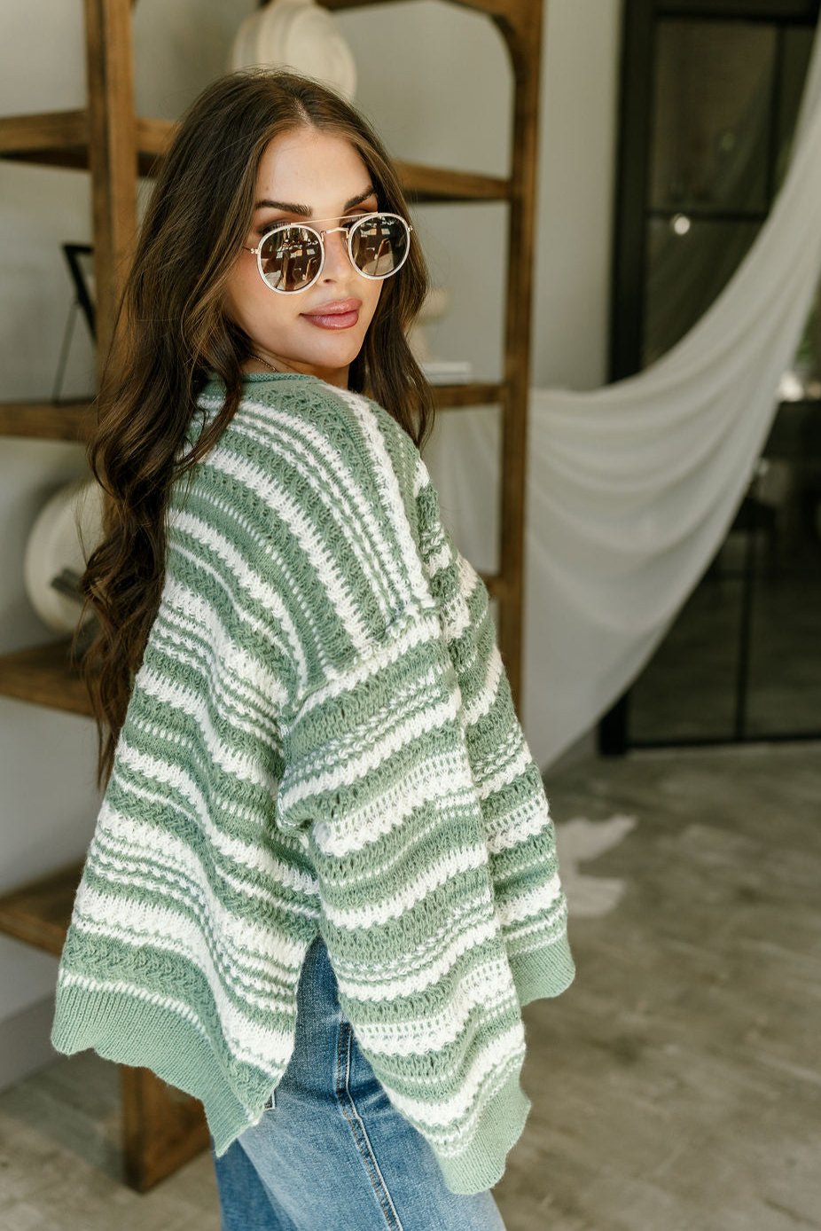 Maddie Green & White Striped Sweater - side view