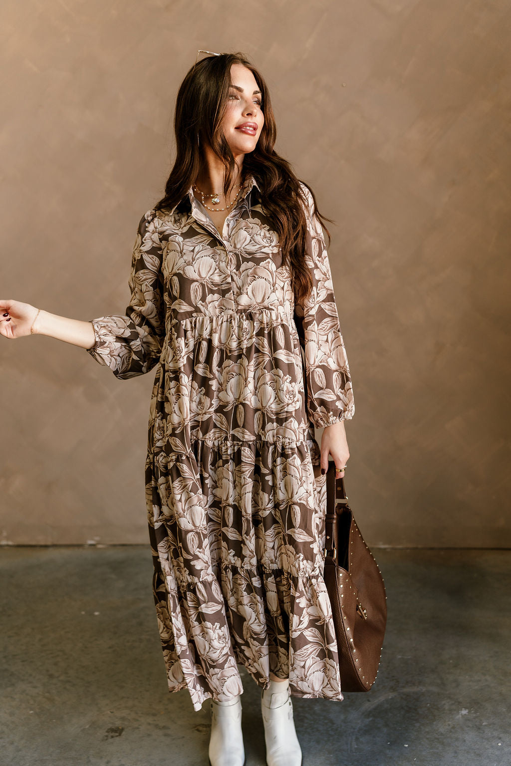 Bailey Mocha Floral Midi Dress - full body front view