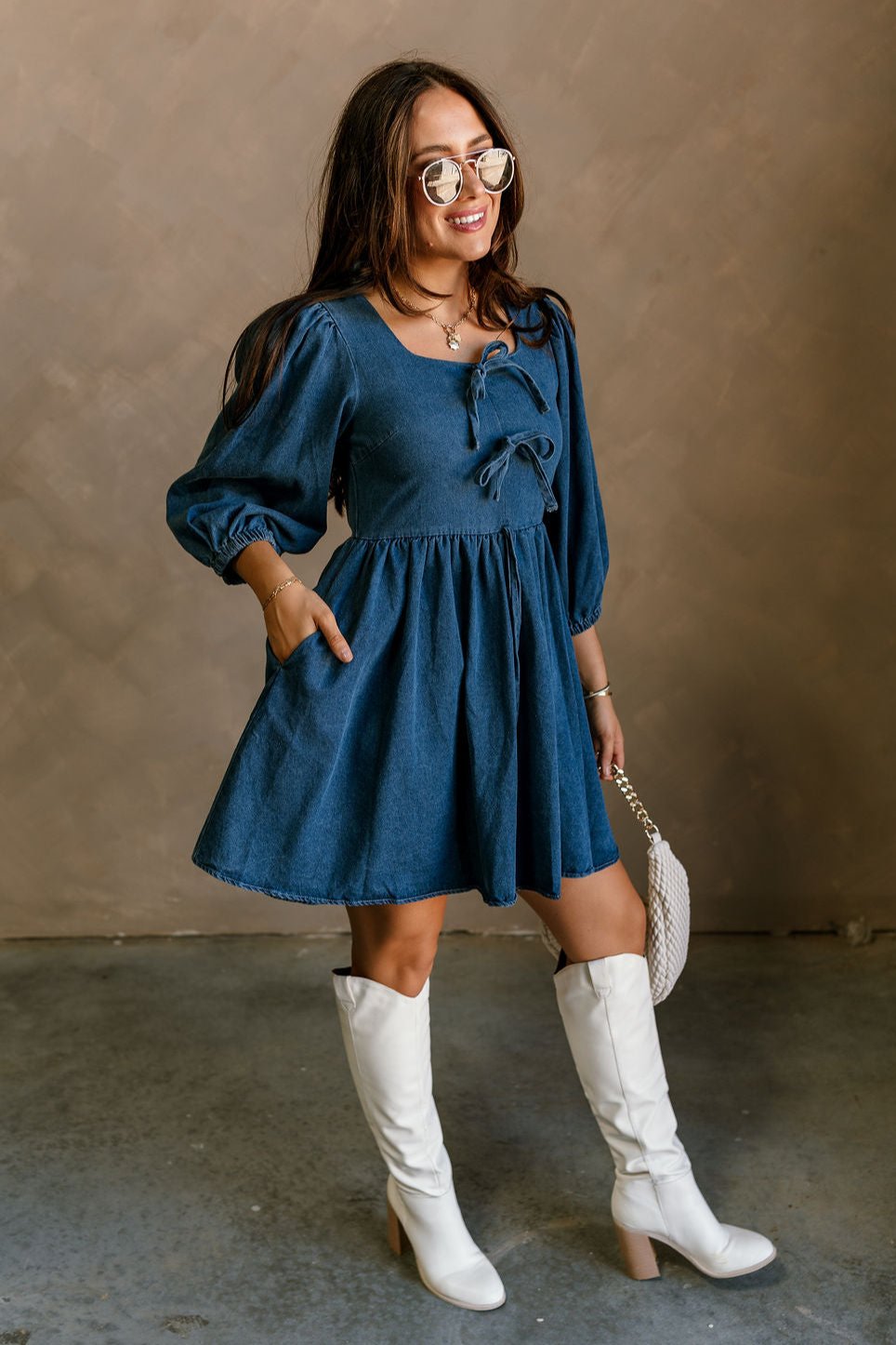 Shelly Blue Denim Mini Dress - frontal side view