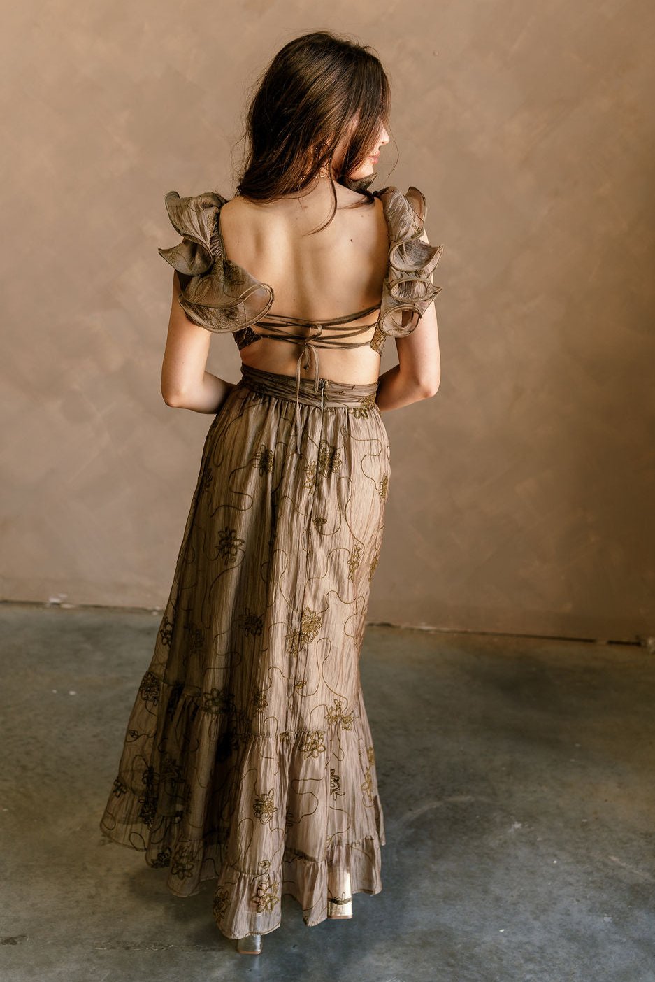 Brown Floral Embroidered Dress Sweetheart Neckline Maxi - Lizard Thicket Brown Floral Embroidered Dress Sweetheart Neckline Maxi - Lizard Thicket