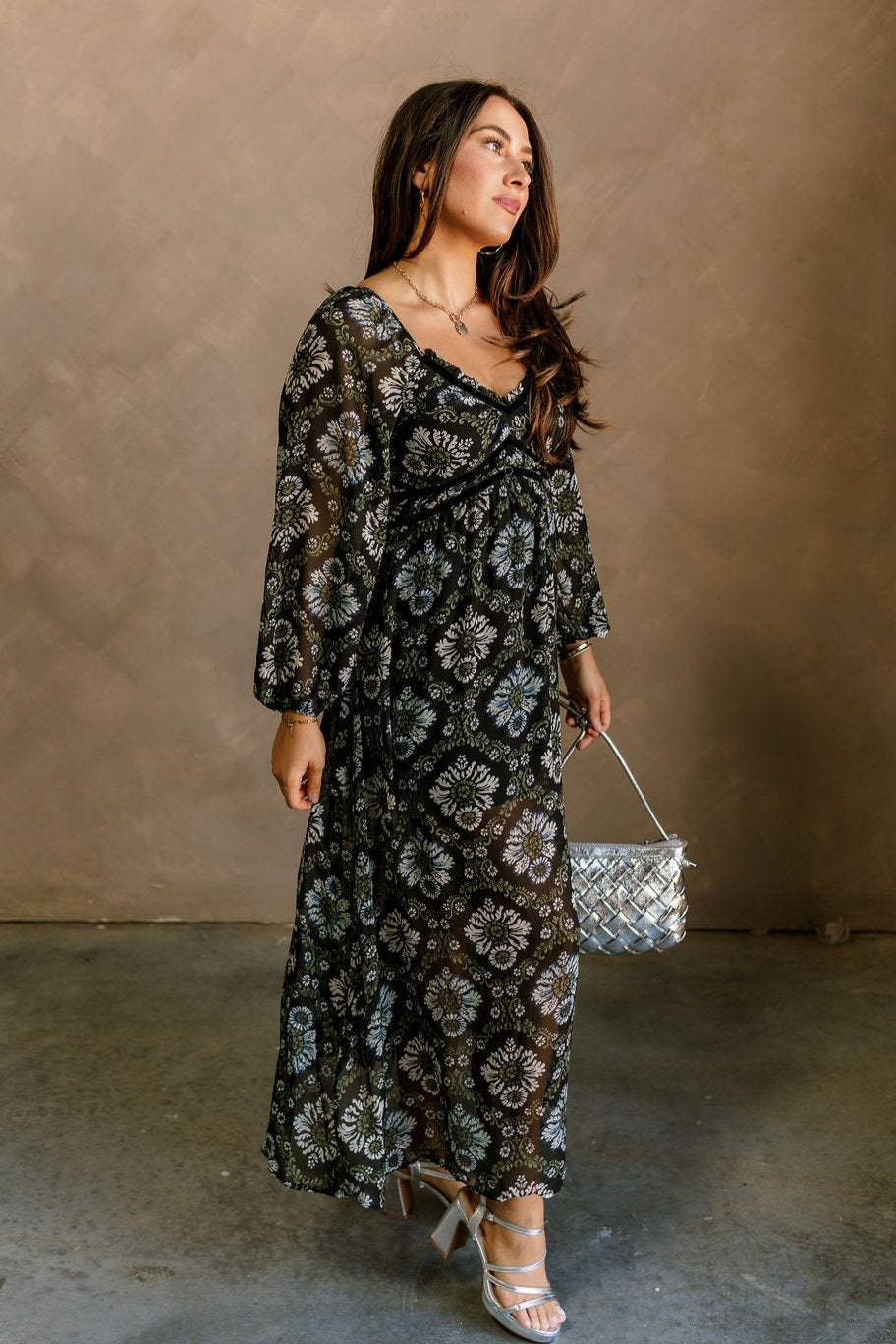 Kelsey Black Floral Maxi Dress - full body side view