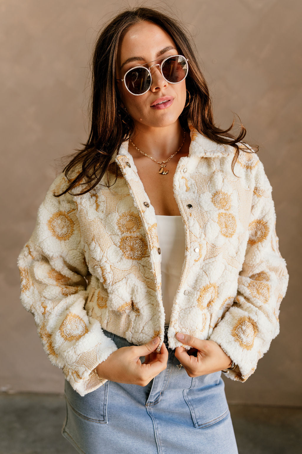 Melody Cream & Mustard Floral Sherpa Jacket- close up view