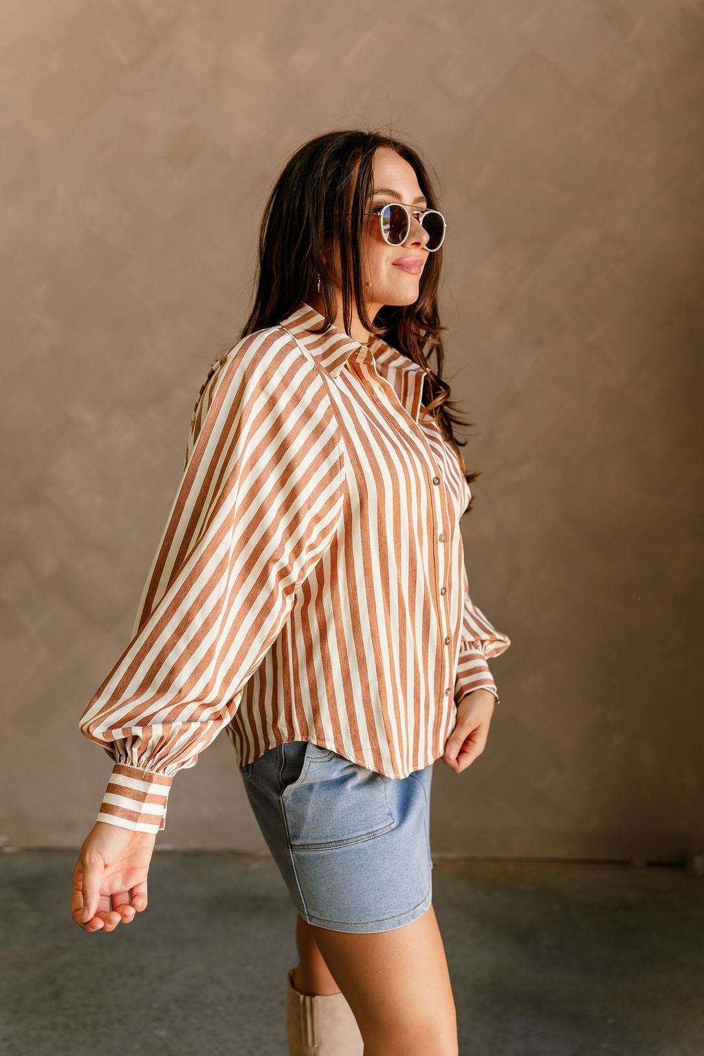 Clara Camel & Cream Stripe Button-Up Top-side view