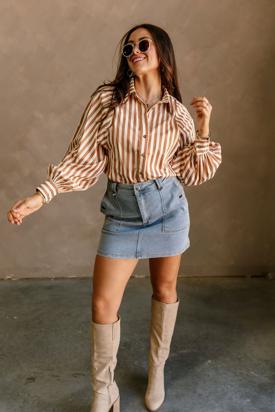 Clara Camel & Cream Stripe Button-Up Top- full body view