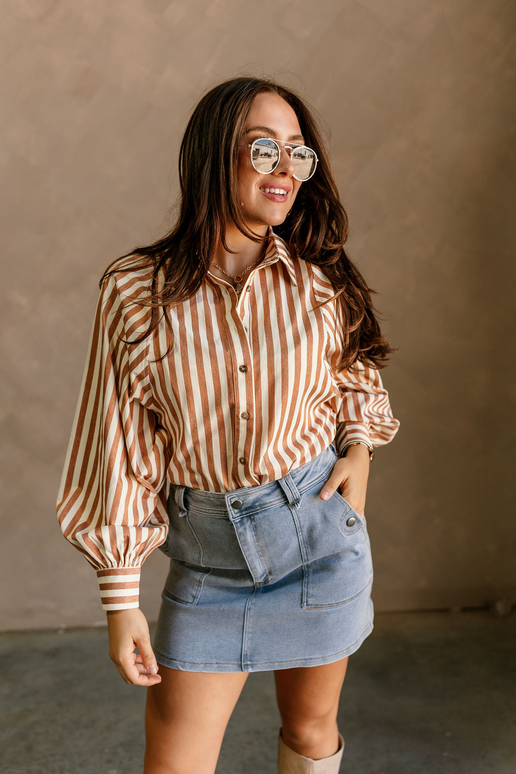 Clara Camel & Cream Stripe Button-Up Top- close up front view