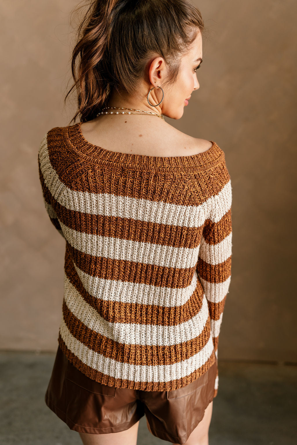 Quinn Cream & Caramel Brown Stripe Sweater-back view