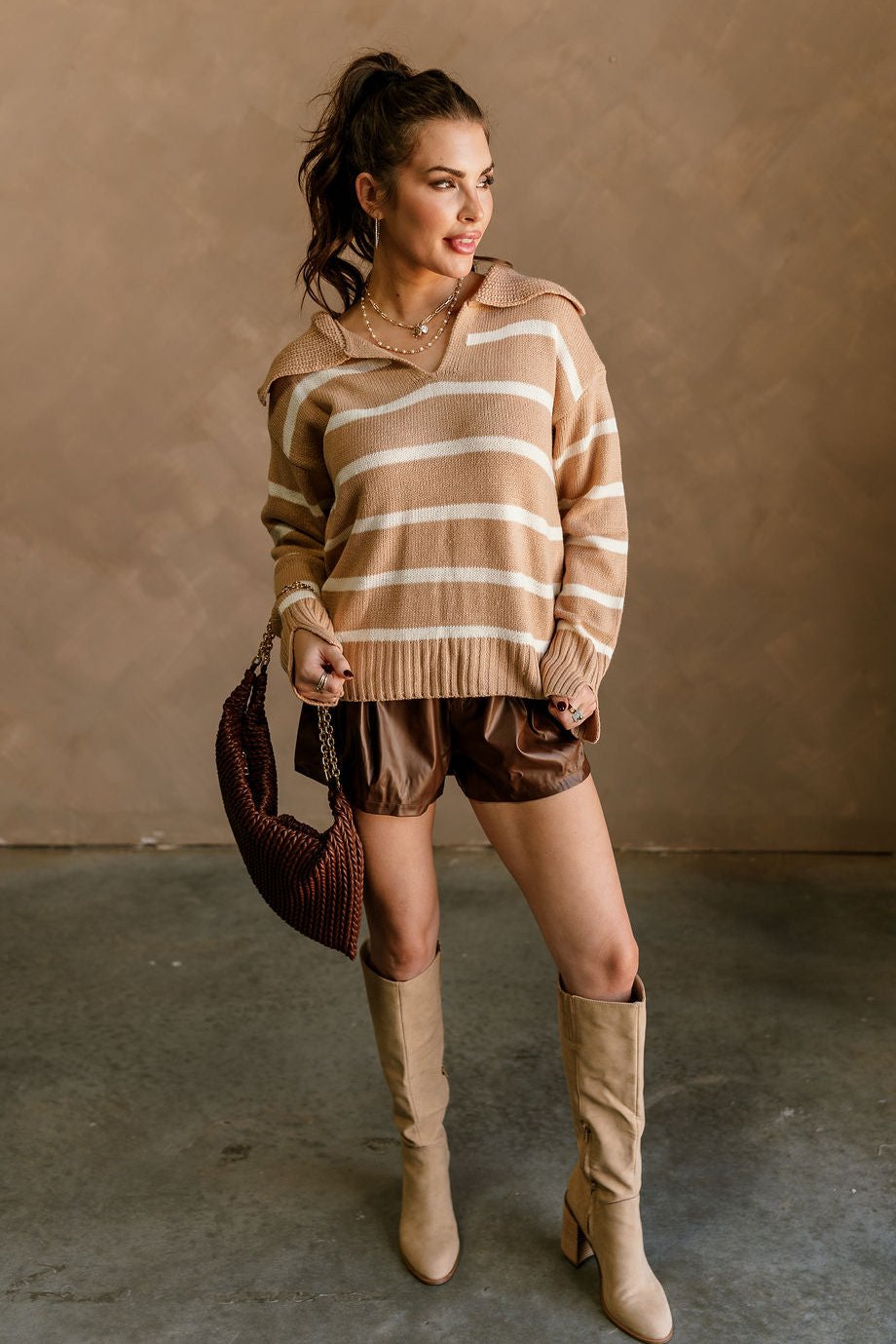 Audrey Cream & Latte Stripe Long Sleeve Sweater- full body view