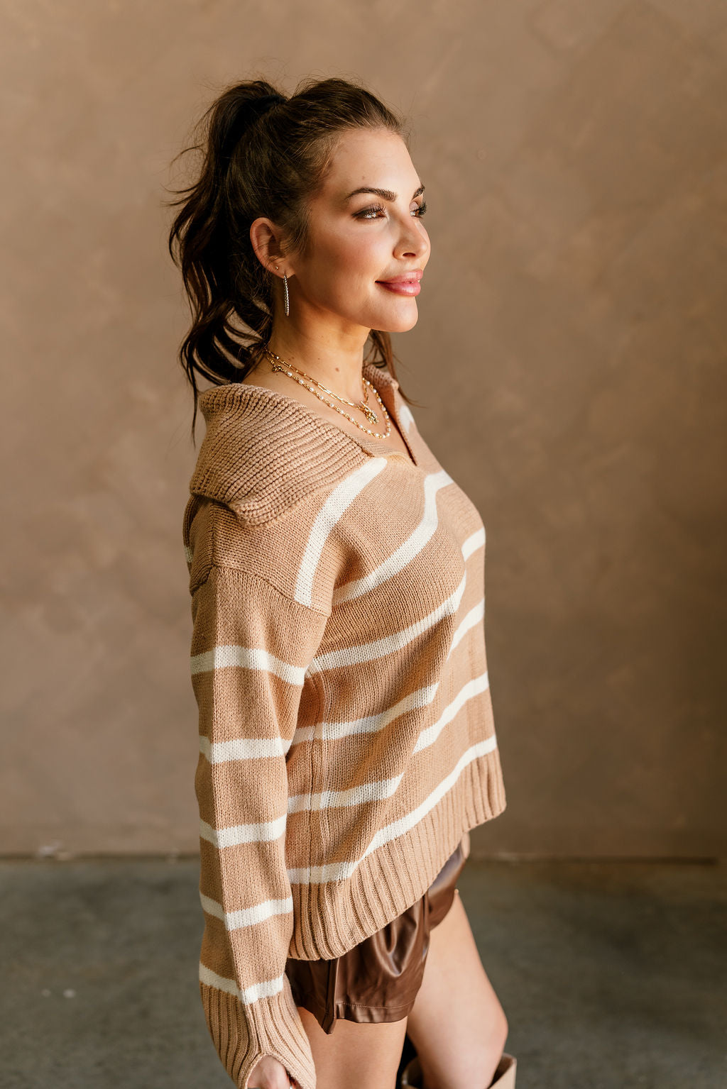 Audrey Cream & Latte Stripe Long Sleeve Sweater- side view