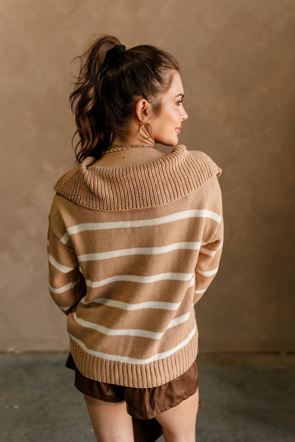 Audrey Cream & Latte Stripe Long Sleeve Sweater- back view