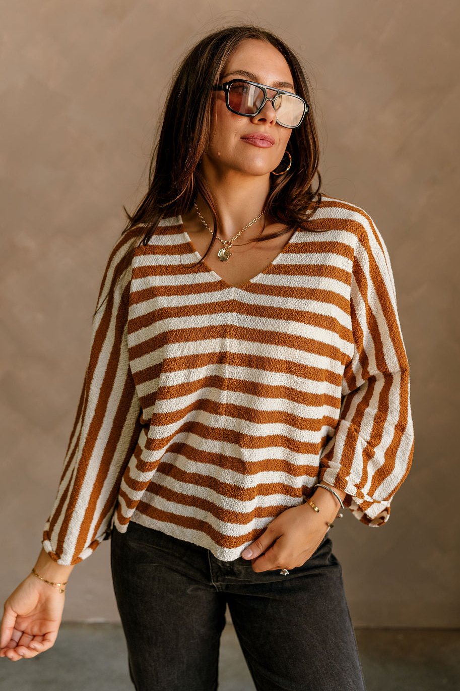 Everly Cream & Spice Brown Stripe Sweater- front view