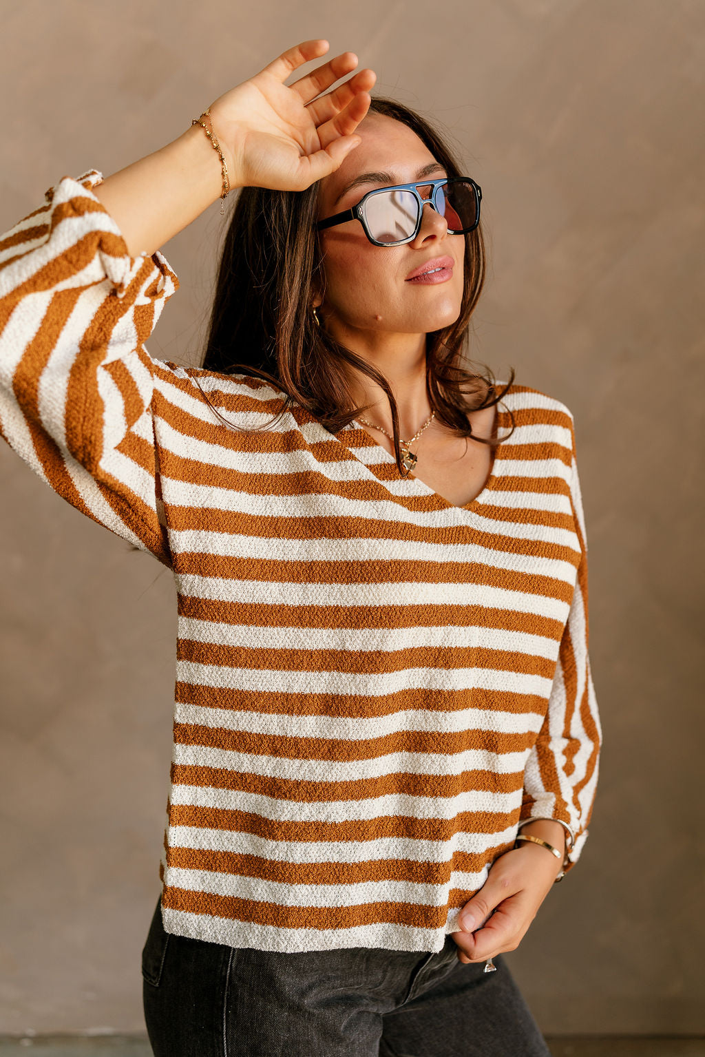 Everly Cream & Spice Brown Stripe Sweater- close up side view