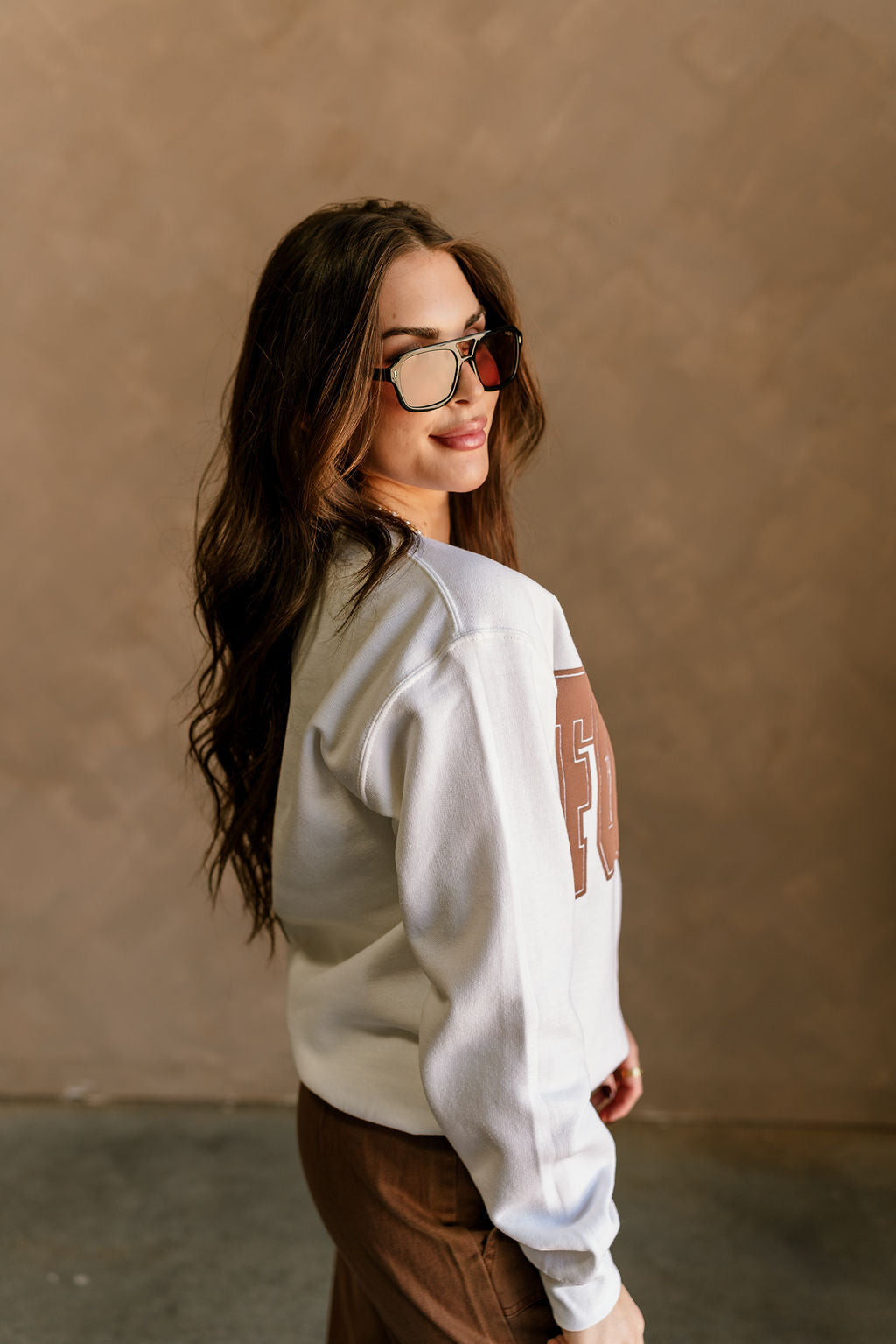 Football Brown & White Crew Neck Sweatshirt- side view