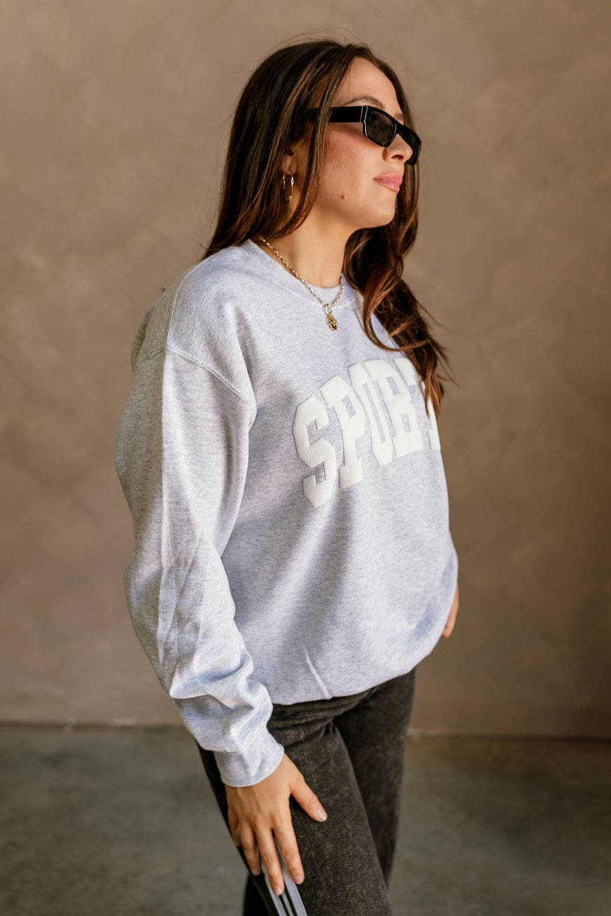 Sports Grey Crew Neck Sweatshirt- close up side view