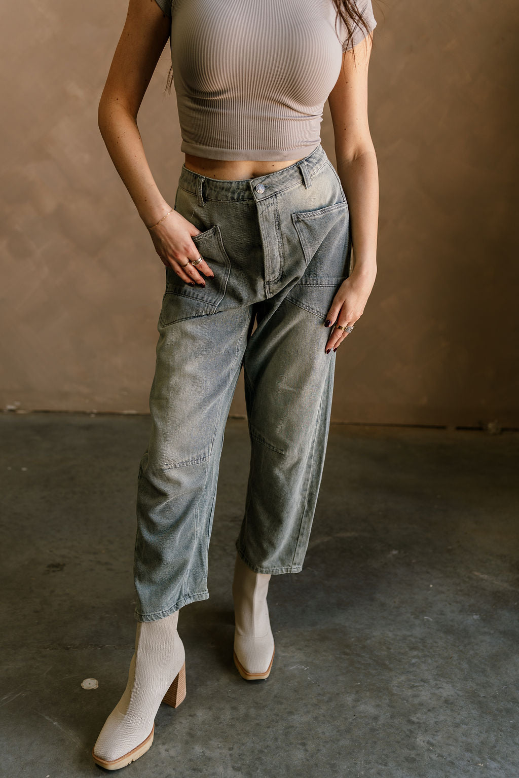 Emilia Sand Wash Barrel Jeans- front view