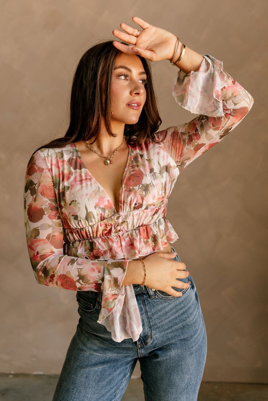 Elena Blush Multi Floral Ruffle Top- front view