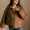 Naomi Brown Puffer Drawstring Jacket- close up front view