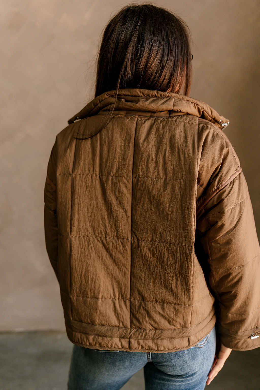 Naomi Brown Puffer Drawstring Jacket- close up back view