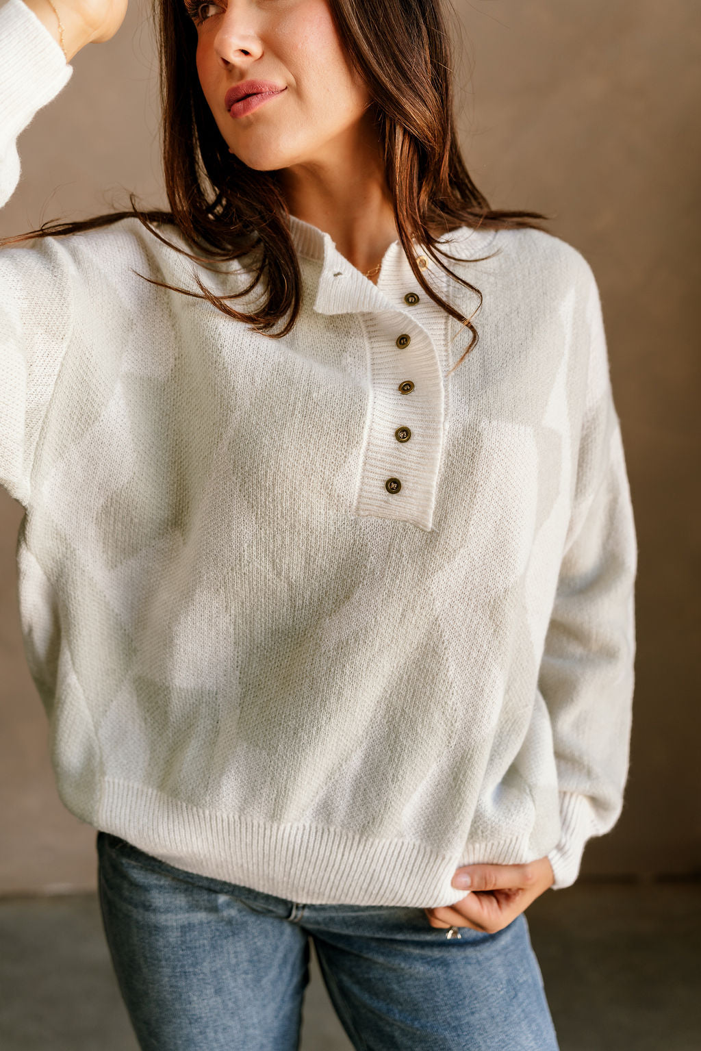 Grace Cream & Stone Quarter Button-Up Sweater- close up view