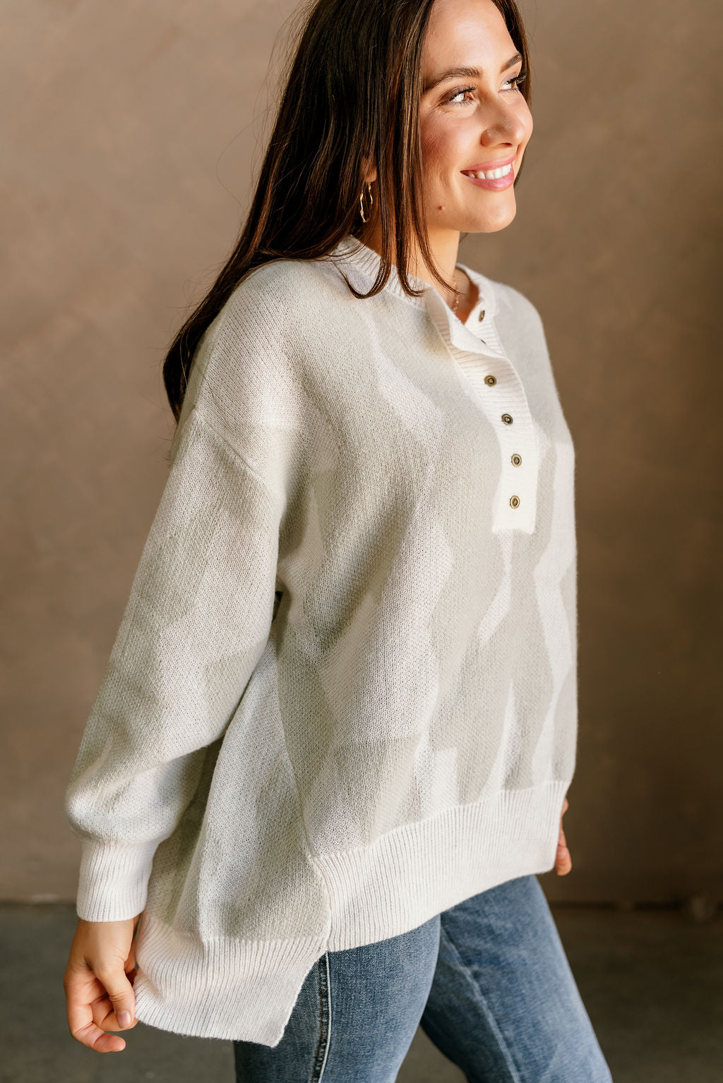 Grace Cream & Stone Quarter Button-Up Sweater- close up side view