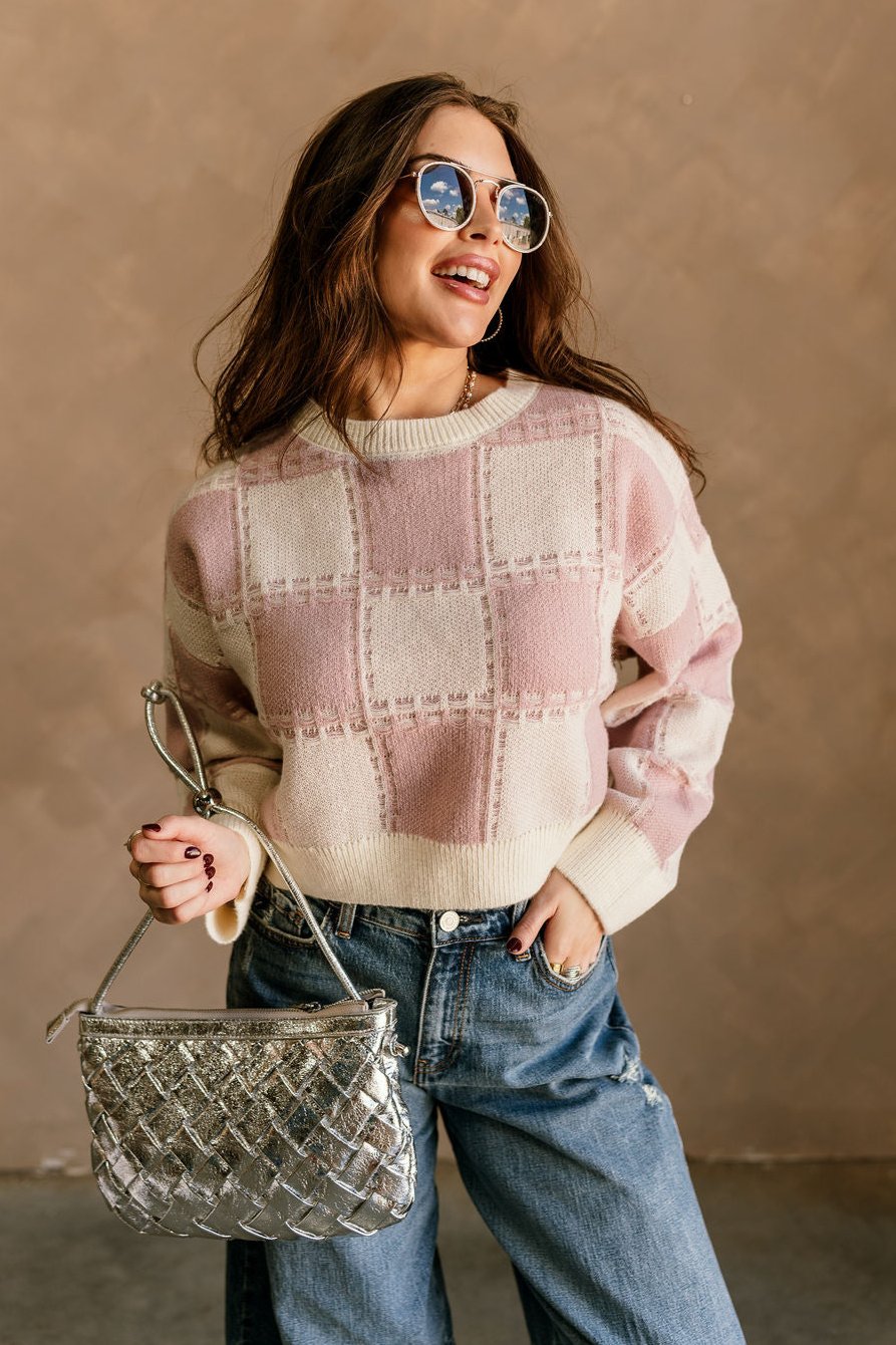 Elora Dusty Pink & Cream Plaid Sweater- front view