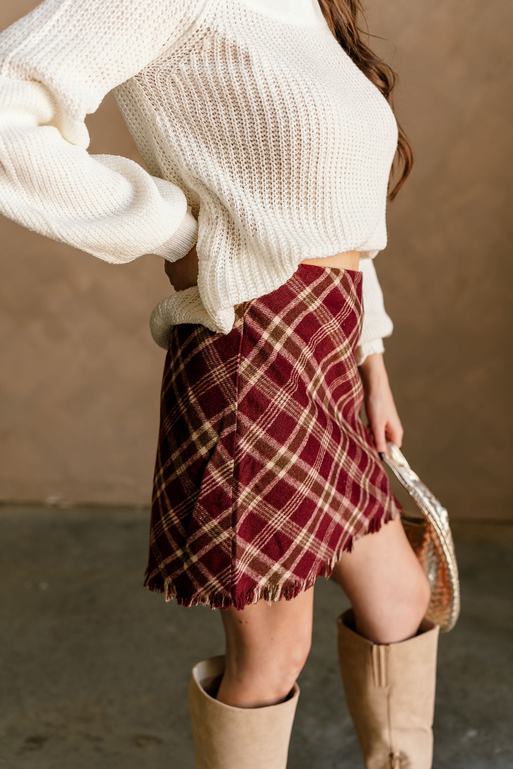 Amira Burgundy Multi Plaid Skirt- side view