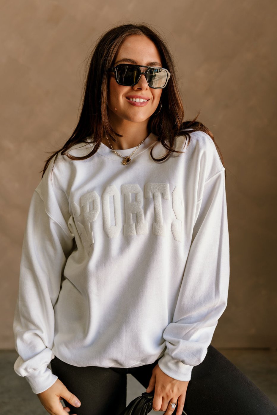 Sports White Crew Neck Sweatshirt- front view