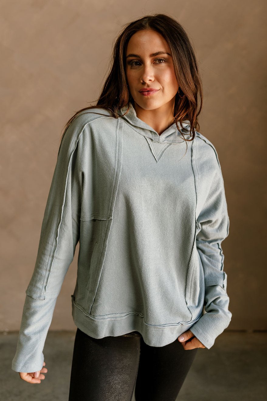 Blakely Dusty Blue Hoodie Sweatshirt- close up front view