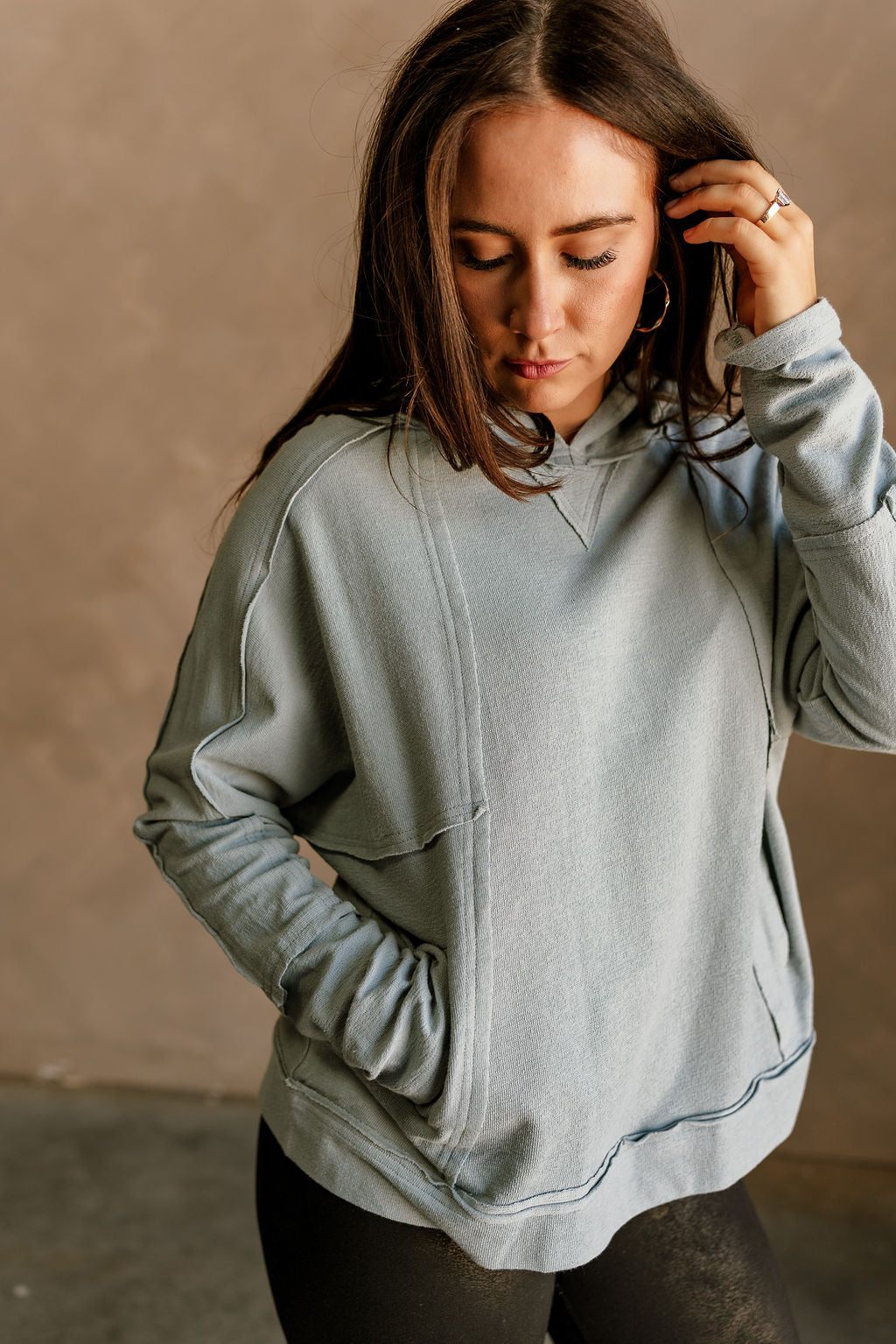 Blakely Dusty Blue Hoodie Sweatshirt- close up side view