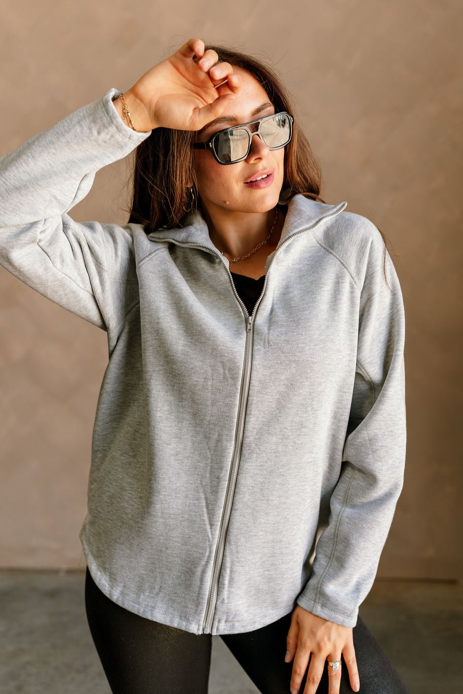 Arya Heather Grey Zip-Up Sweatshirt- close up front view