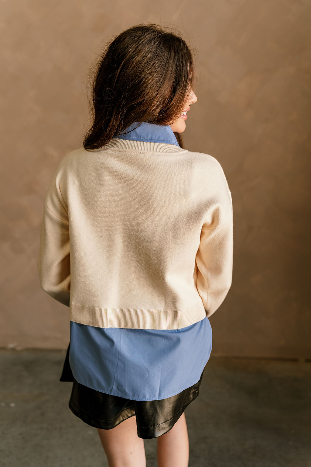 Audrey Cream & Blue Collar Long Sleeve Top- back view