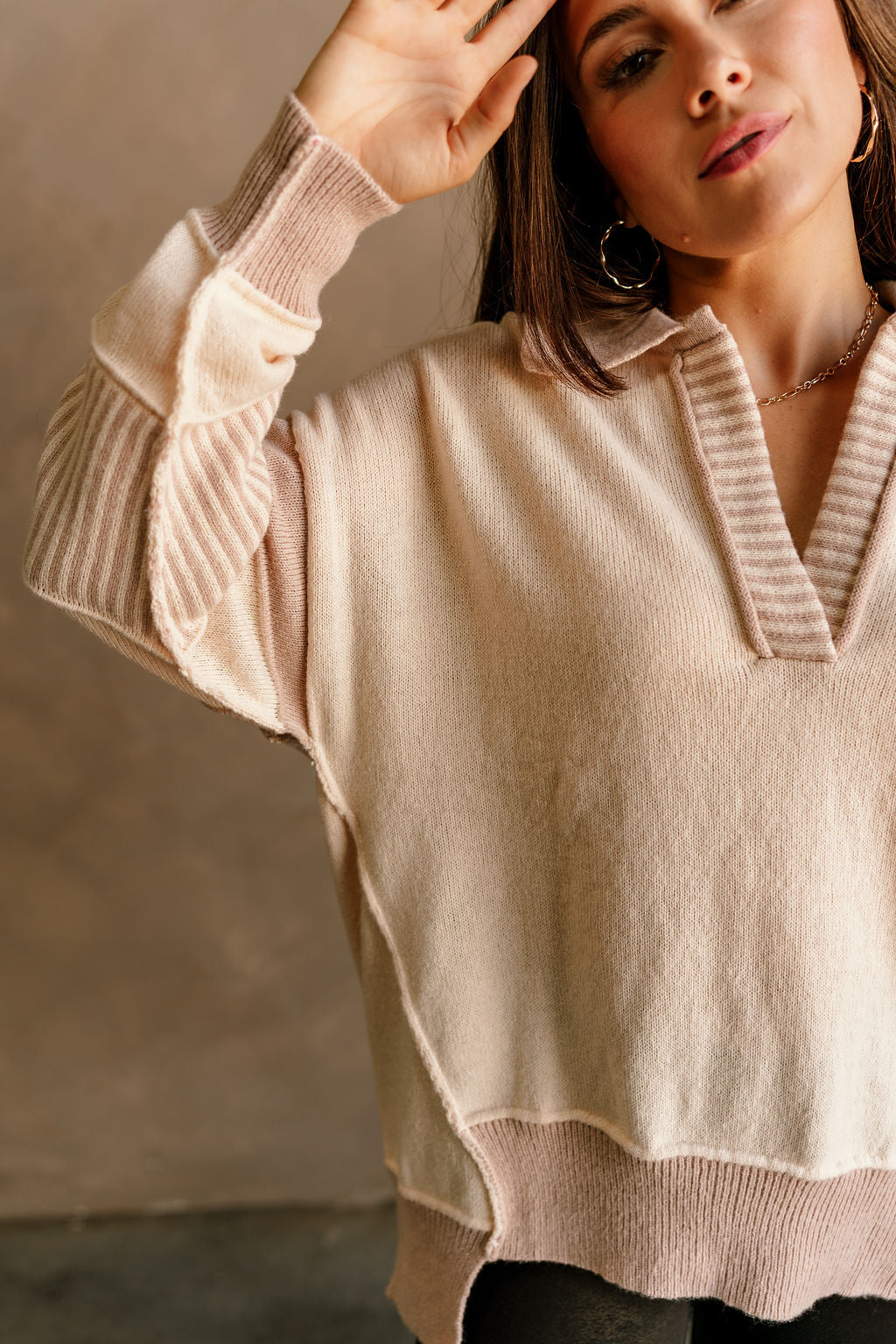 Leah Taupe & Cream Collar Long Sleeve Sweater- close up front view