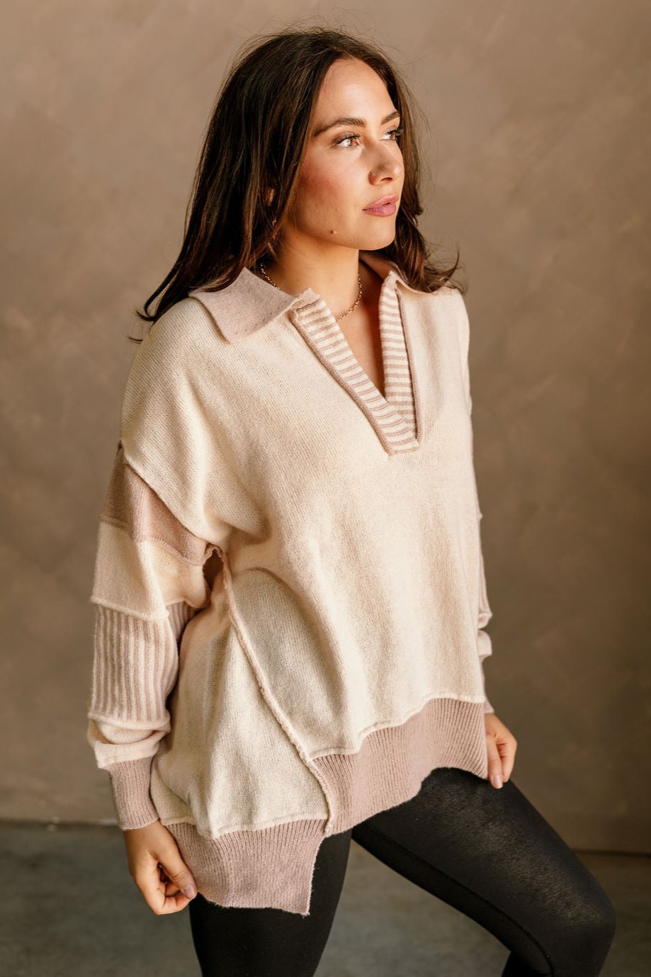 Leah Taupe & Cream Collar Long Sleeve Sweater- side view