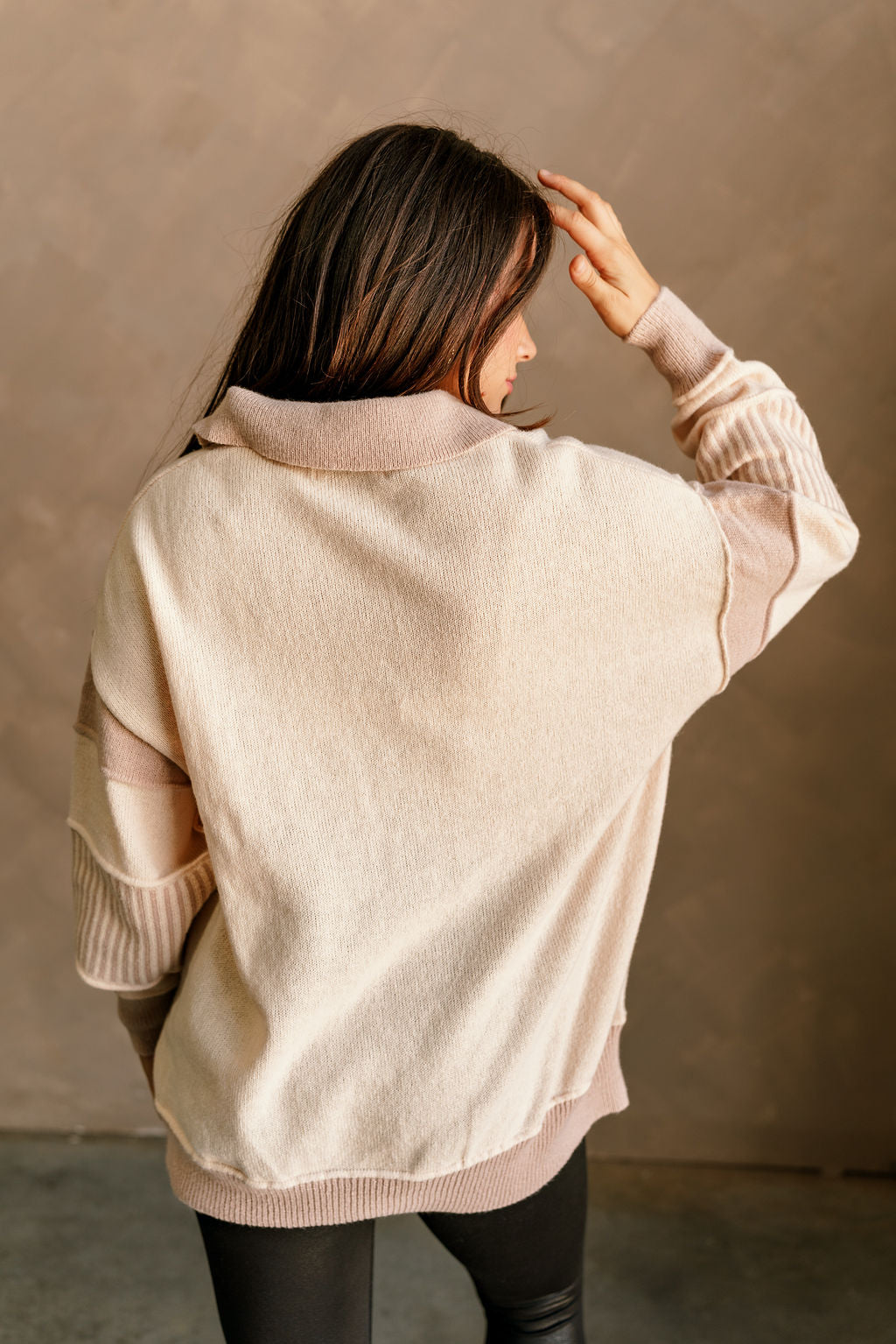 Leah Taupe & Cream Collar Long Sleeve Sweater- back view