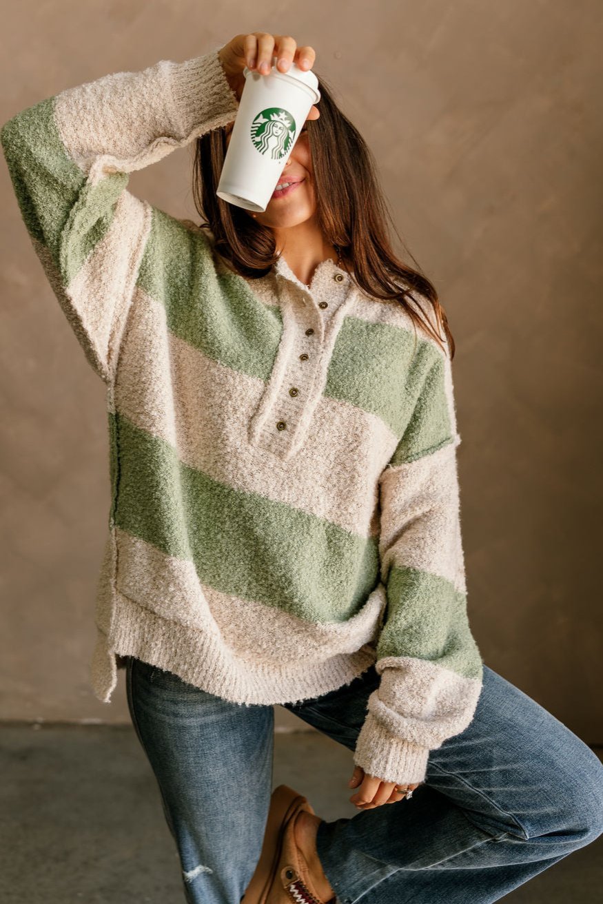 Maya Sage & Cream Stripe Knit Sweater- front view