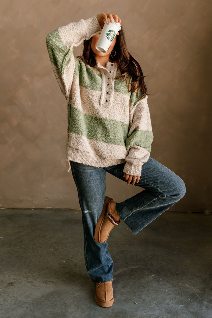 Maya Sage & Cream Stripe Knit Sweater- full body view