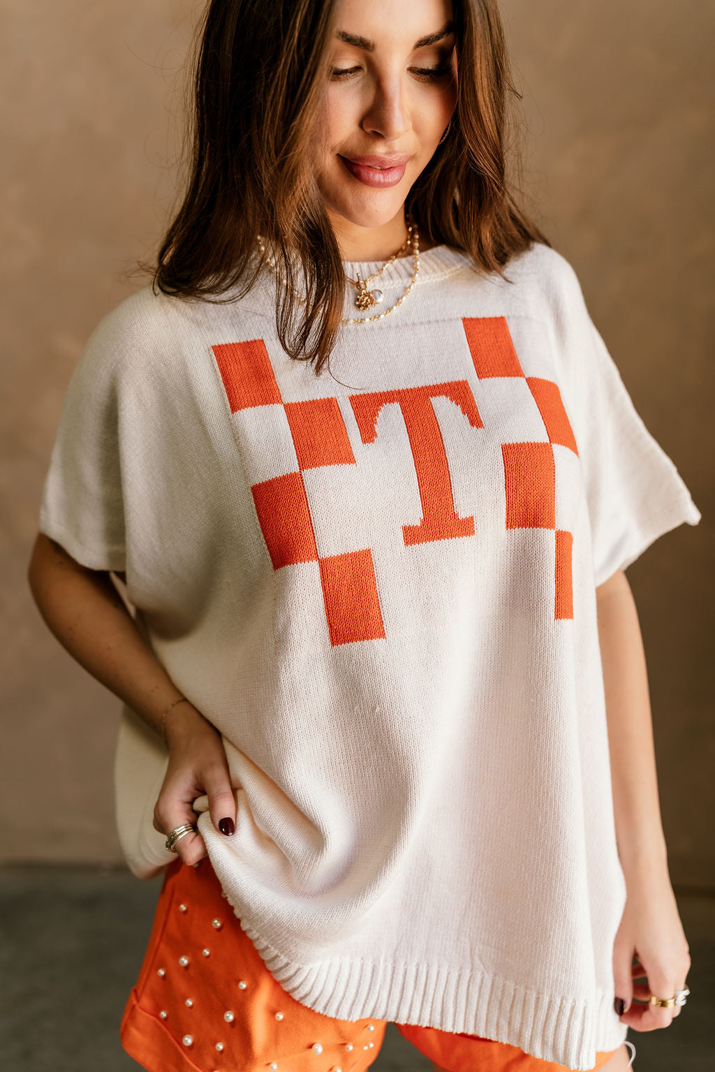 Tennessee T Orange & White Short Sleeve Sweater- close up frontal side view