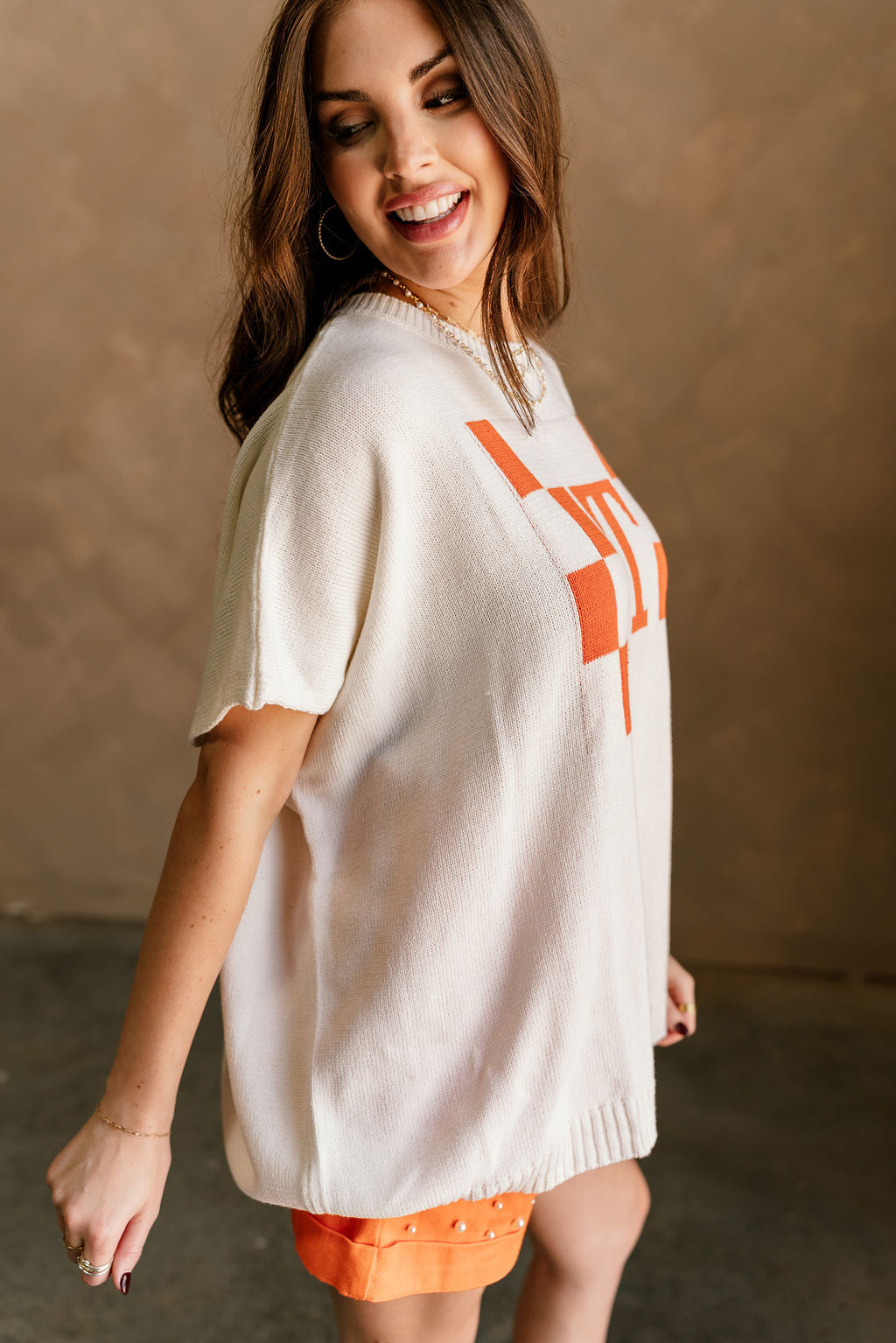 Tennessee T Orange & White Short Sleeve Sweater- side view