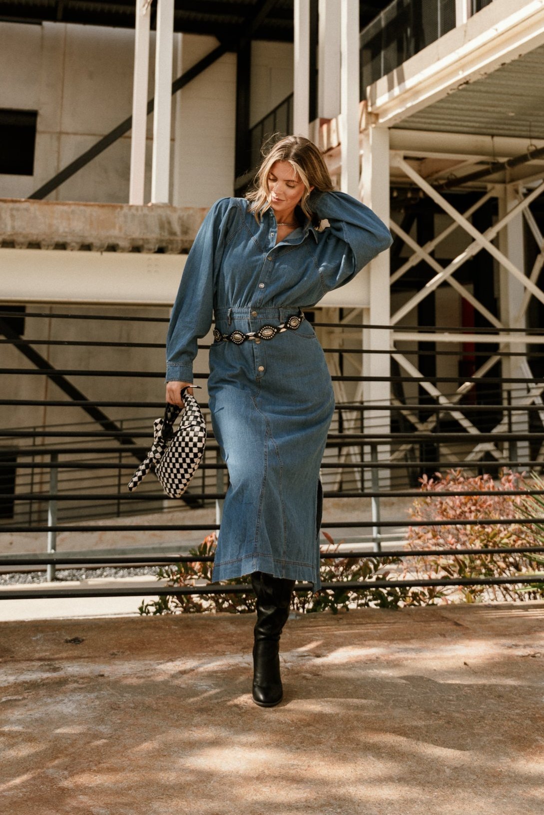 Tianna Blue Denim Midi Dress - Full body front view (leaning on fence)