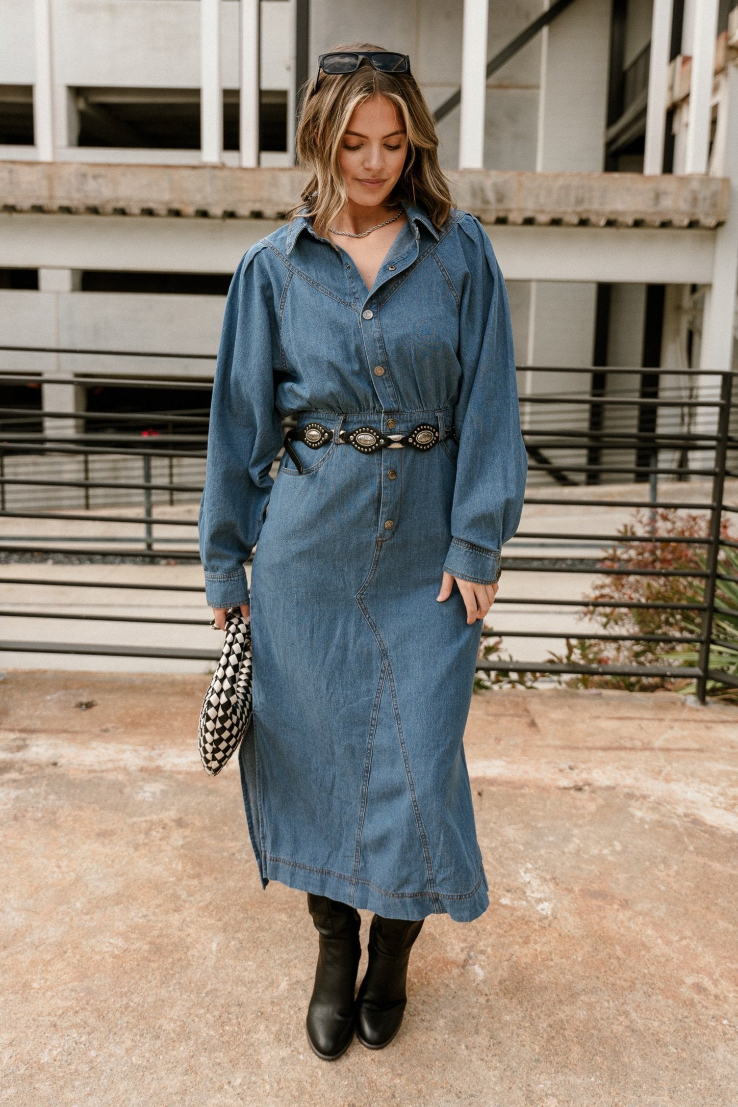 Shelly Black & Silver Western Belt - full body front view on denim dress