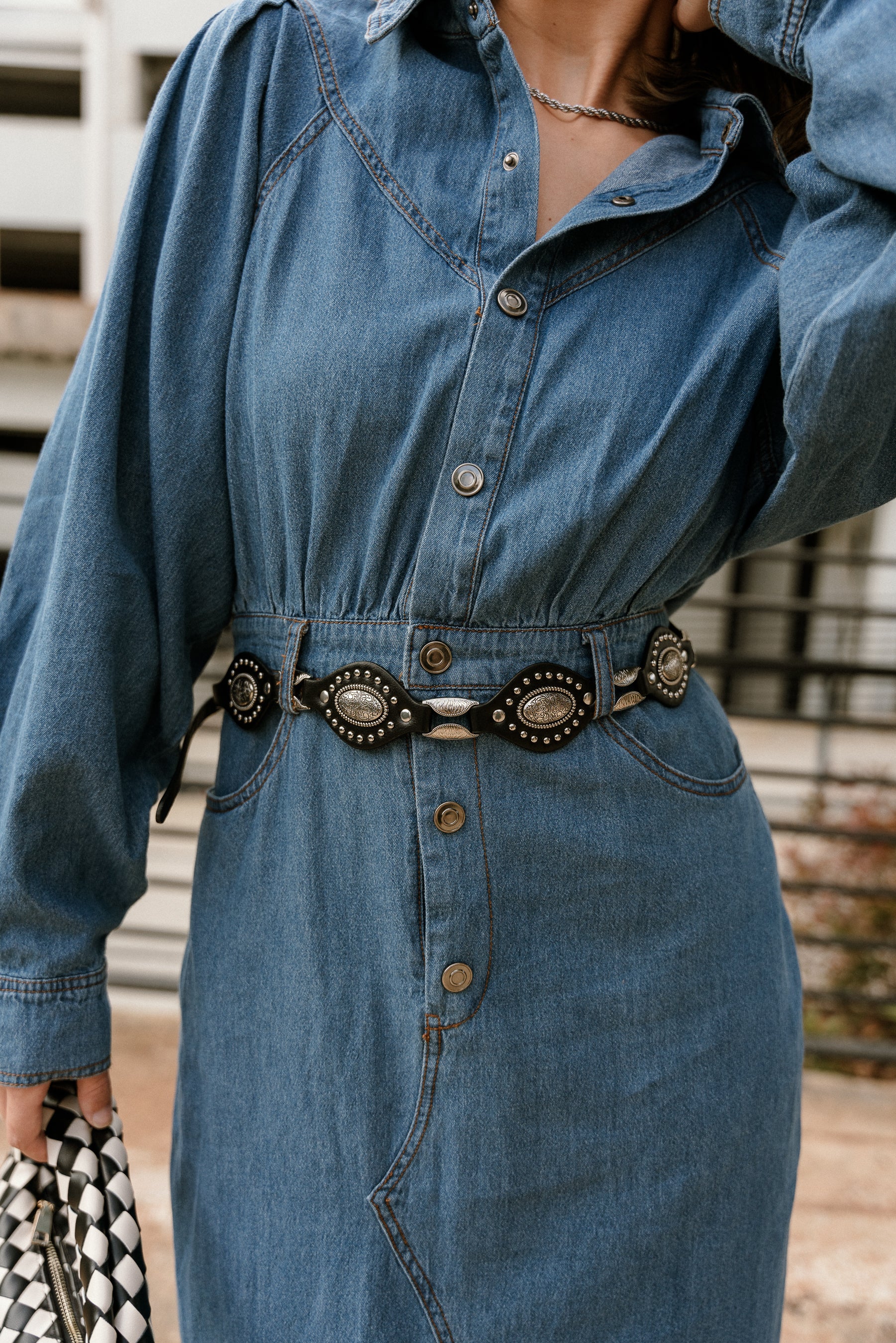 Shelly Black & Silver Western Belt - close front view on denim dress