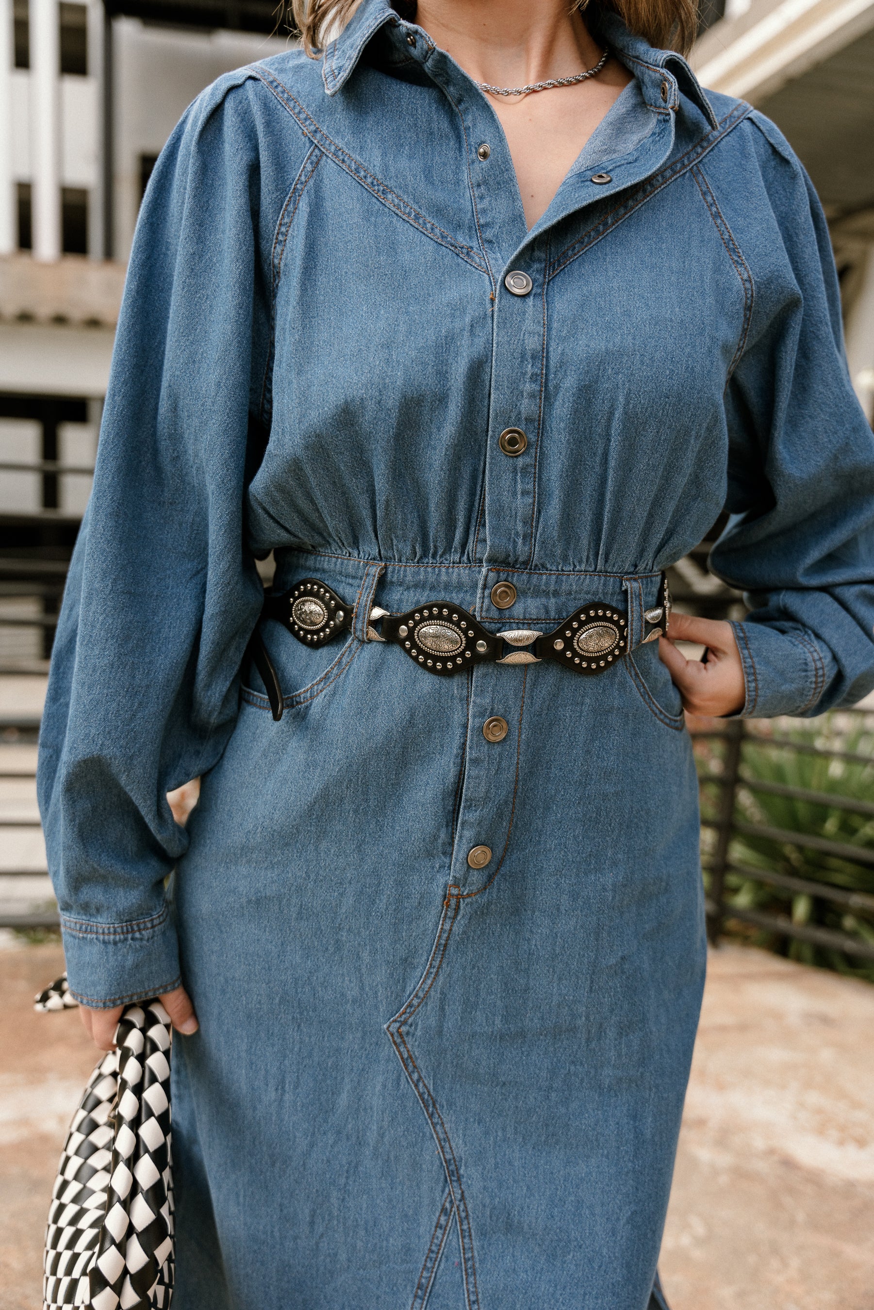 Shelly Black & Silver Western Belt - front view on denim dress