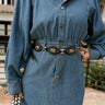 Shelly Black & Silver Western Belt - front view on denim dress