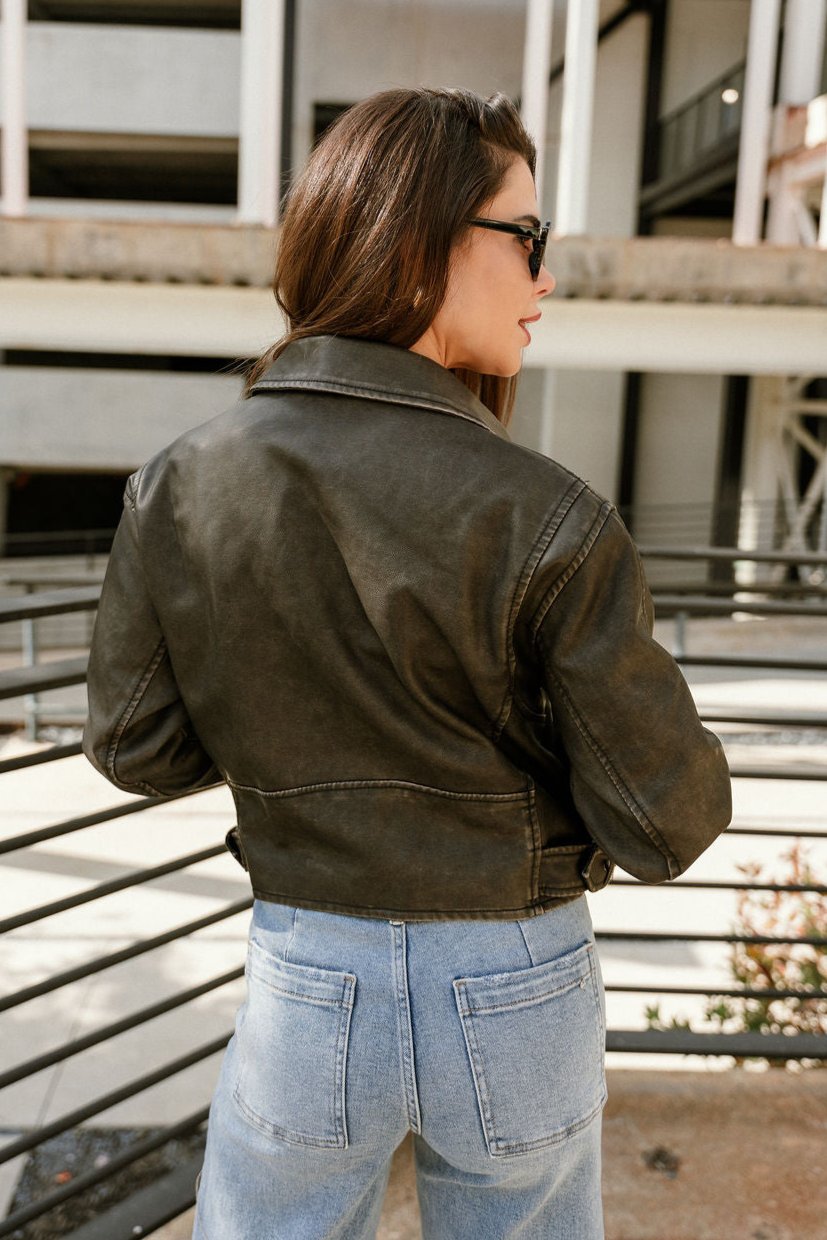 Lainey Dark Brown Faux Leather Jacket- back view