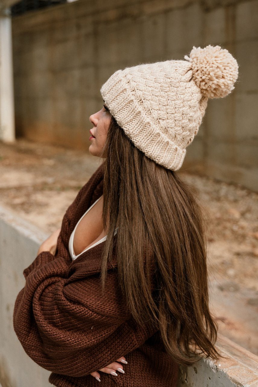 Kellen Ivory Pom Pom Beanie - Side view