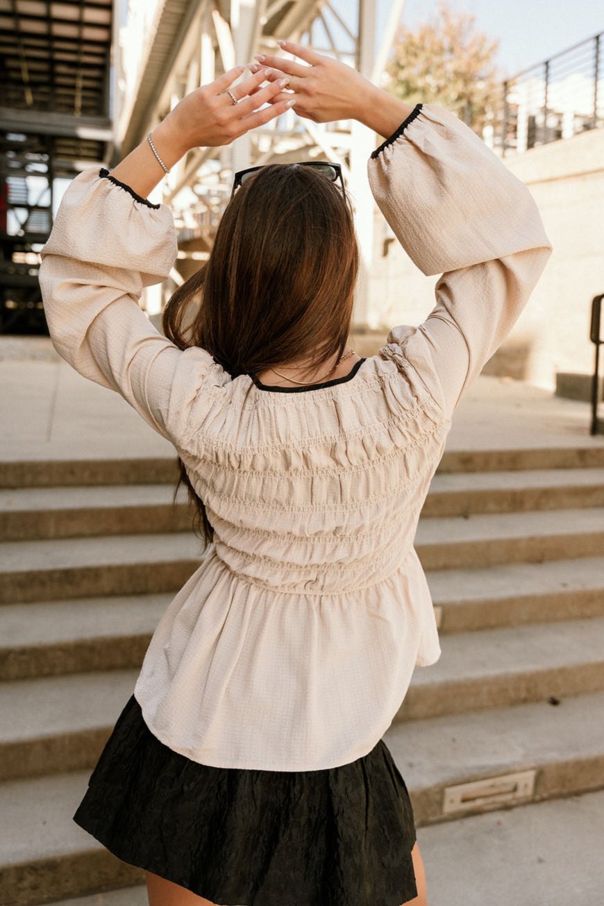 Valeria Natural & Black Tie Peplum Top- back view