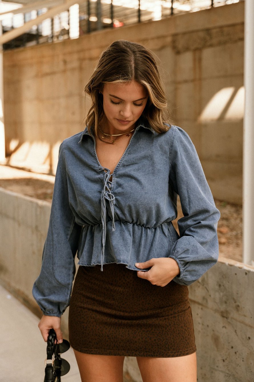 Marceline Blue Denim Long Sleeve Top - front view